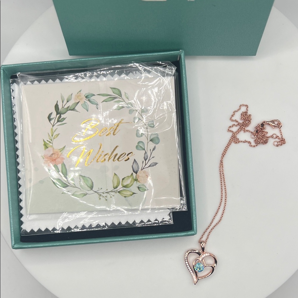 OR Old Rubin Rose Gold Heart Necklace with Blue Stone Stamped S925 16” - 18”